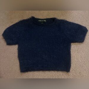House Of Three Cropped Eyelash Fuzzy Short Sleeve Sweater Blue Size 8 Medium